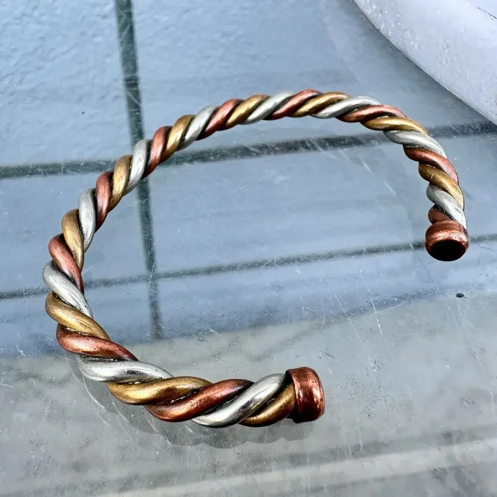 Copper Twist Cuff Bracelet Southwest Silver Brass Vintage Mixed Metal Rope Mens